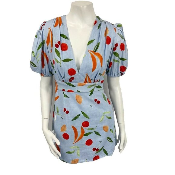 Finders Keepers Calypso Linen Blend Fruit Print Mini Dress Size 4 Resort Party - Picture 1 of 16